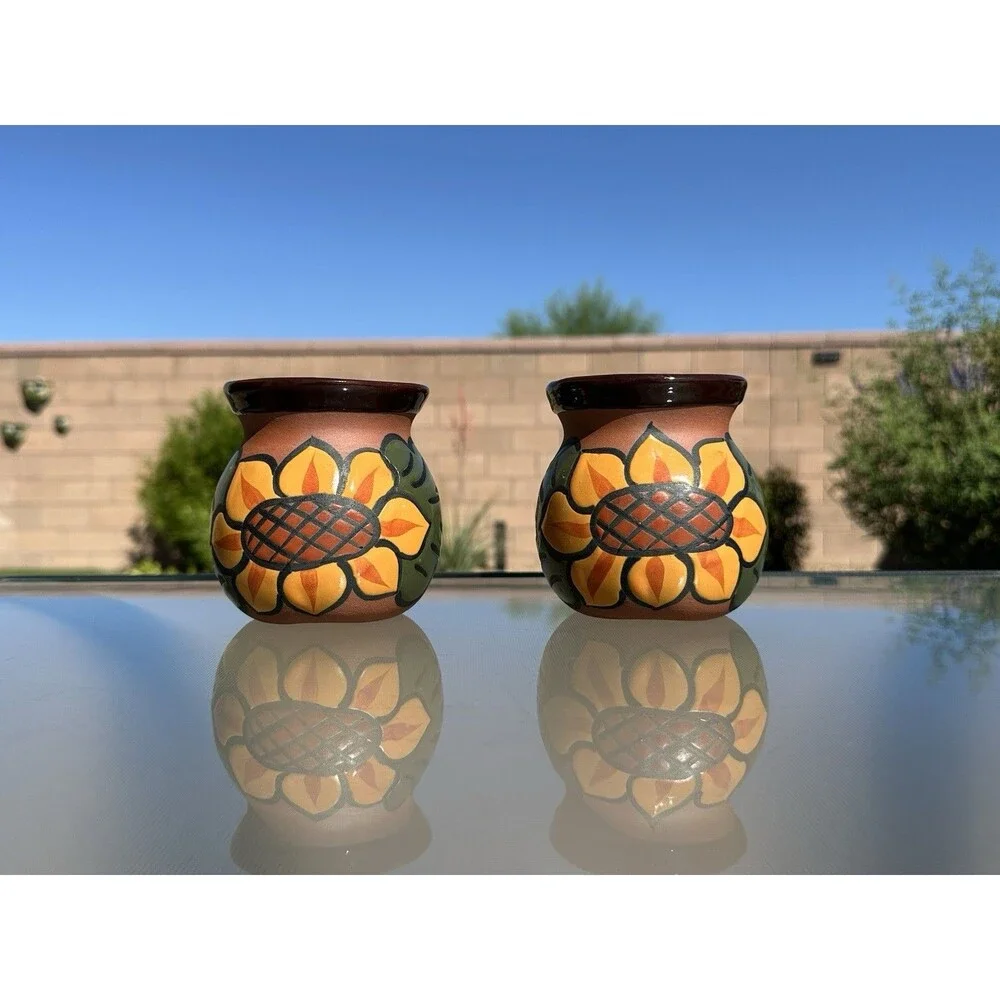 2 Mexican Clay Pottery Coffee Mug Hand Painted Jarrito Barro Sunflower Glaze